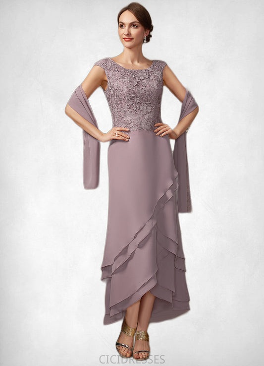 Skylar A-Line Scoop Neck Asymmetrical Chiffon Lace Mother of the Bride Dress With Cascading Ruffles CIC8126P0014850