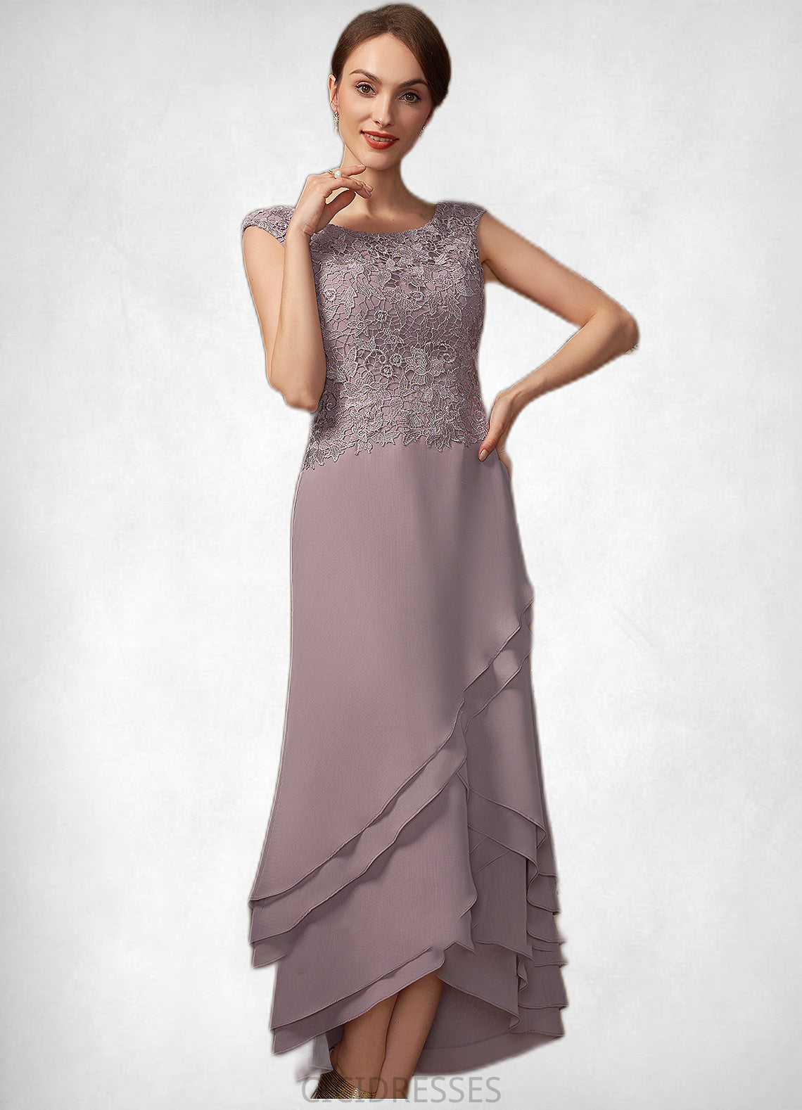 Skylar A-Line Scoop Neck Asymmetrical Chiffon Lace Mother of the Bride Dress With Cascading Ruffles CIC8126P0014850