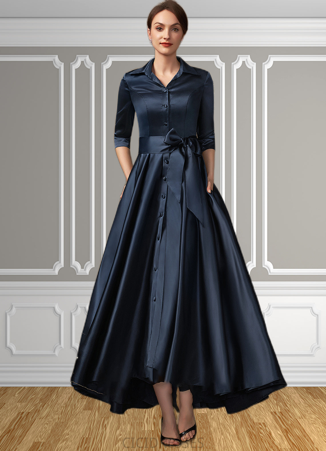 Taylor A-Line V-neck Asymmetrical Satin Mother of the Bride Dress With Bow(s) Pockets CIC8126P0014879