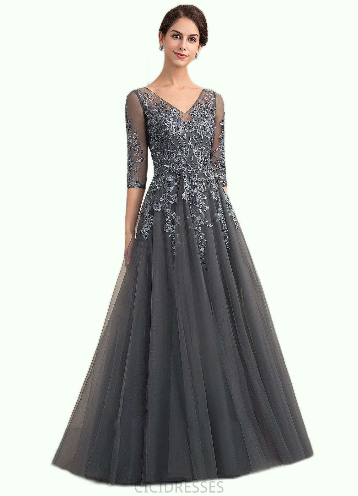 Aracely A-Line V-neck Floor-Length Tulle Lace Mother of the Bride Dress With Beading Sequins CIC8126P0014895