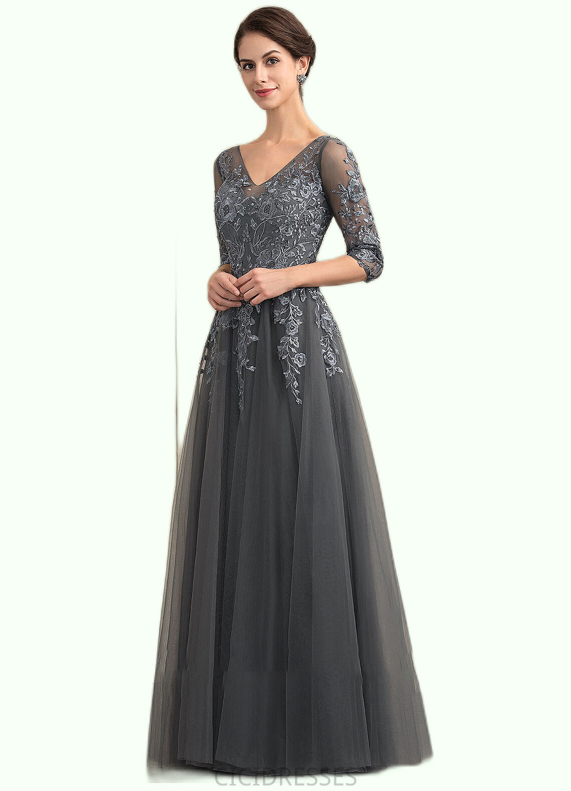 Aracely A-Line V-neck Floor-Length Tulle Lace Mother of the Bride Dress With Beading Sequins CIC8126P0014895