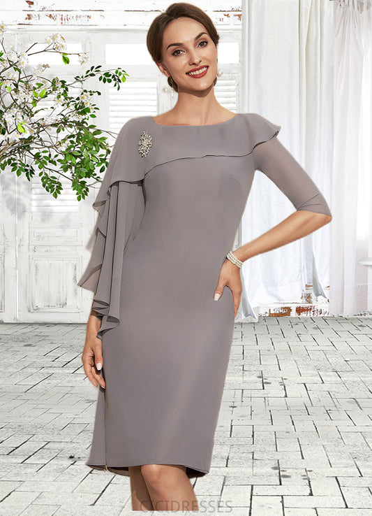 Susanna Sheath/Column Scoop Neck Knee-Length Chiffon Mother of the Bride Dress With Crystal Brooch Cascading Ruffles CIC8126P0014943