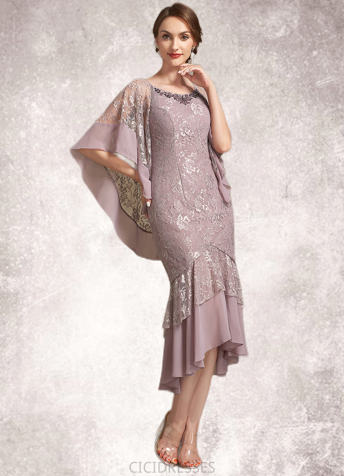 Miracle Trumpet/Mermaid Scoop Neck Asymmetrical Chiffon Lace Mother of the Bride Dress CIC8126P0014945