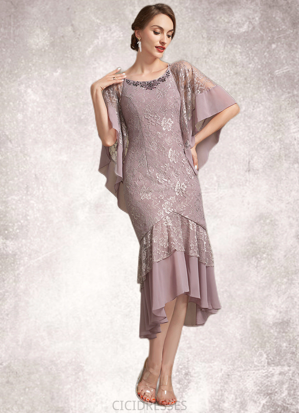 Miracle Trumpet/Mermaid Scoop Neck Asymmetrical Chiffon Lace Mother of the Bride Dress CIC8126P0014945