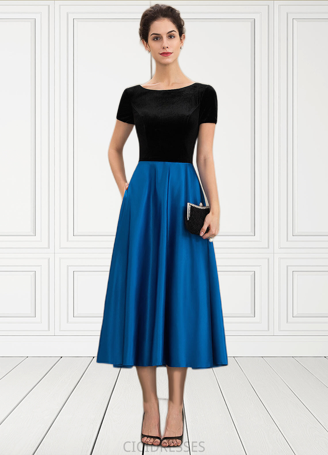 Hillary A-Line Scoop Neck Tea-Length Satin Velvet Mother of the Bride Dress With Pockets CIC8126P0014950