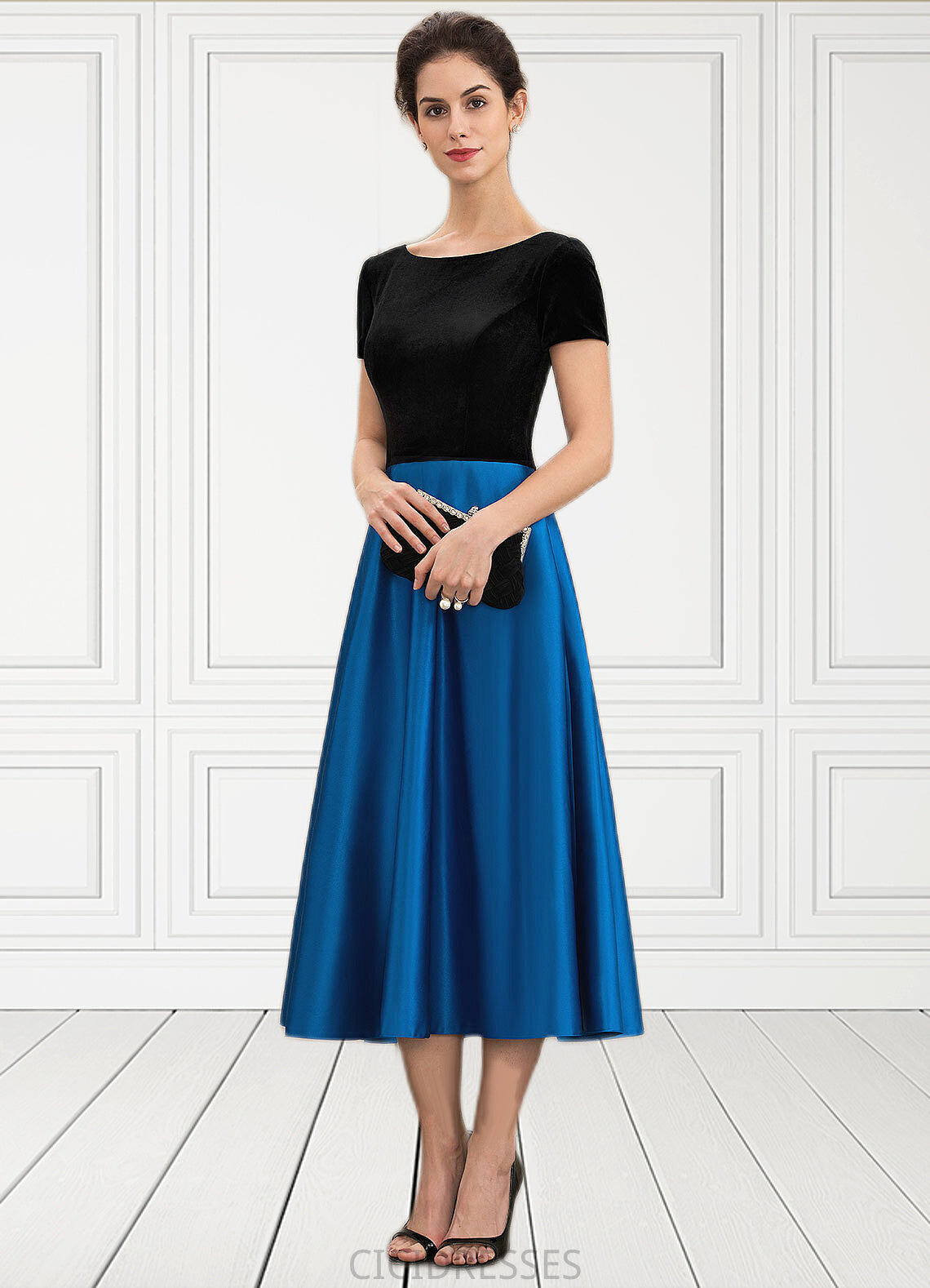 Hillary A-Line Scoop Neck Tea-Length Satin Velvet Mother of the Bride Dress With Pockets CIC8126P0014950