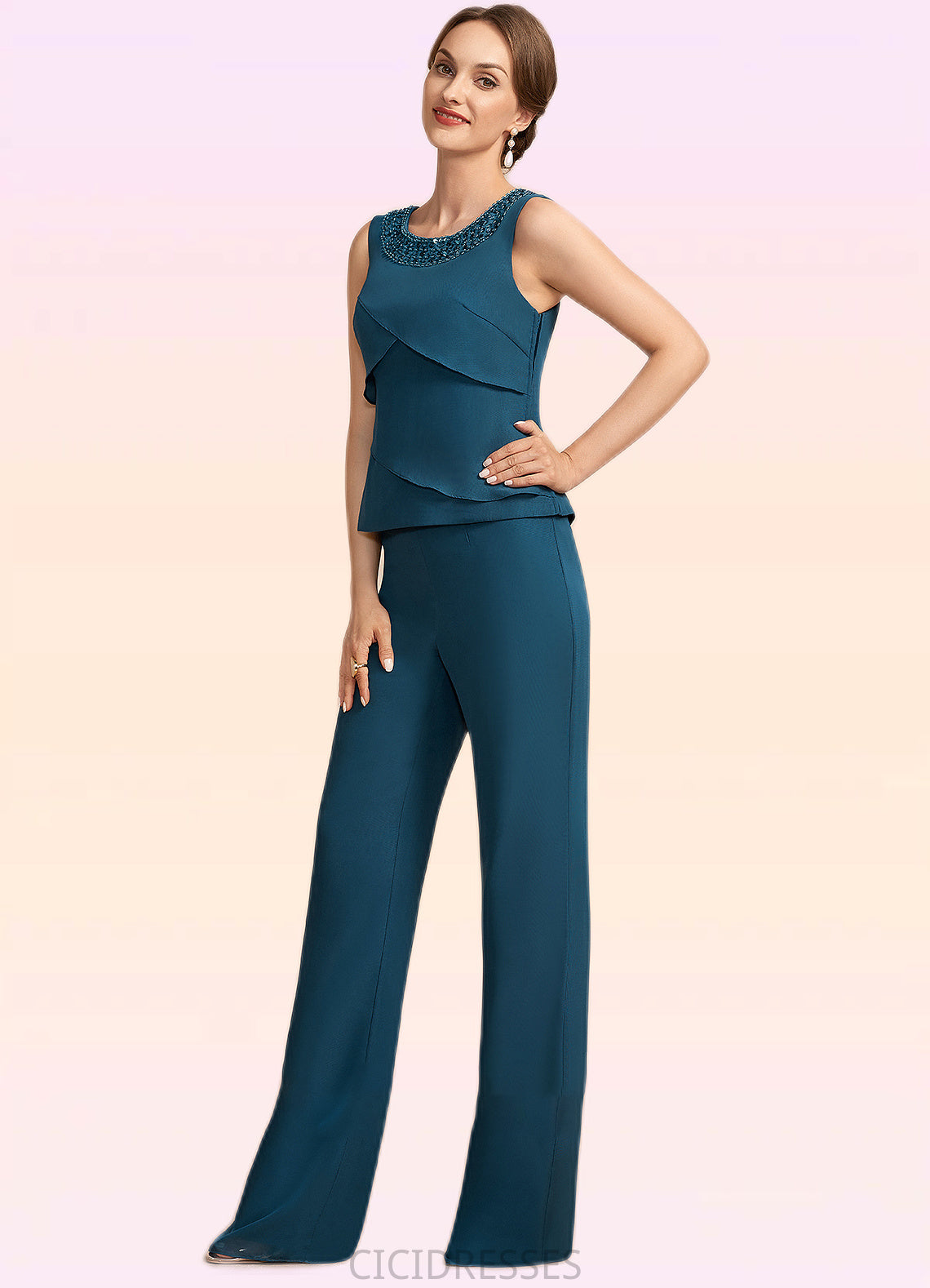 Elise Jumpsuit/Pantsuit Scoop Neck Floor-Length Chiffon Mother of the Bride Dress With Beading Cascading Ruffles CIC8126P0014956