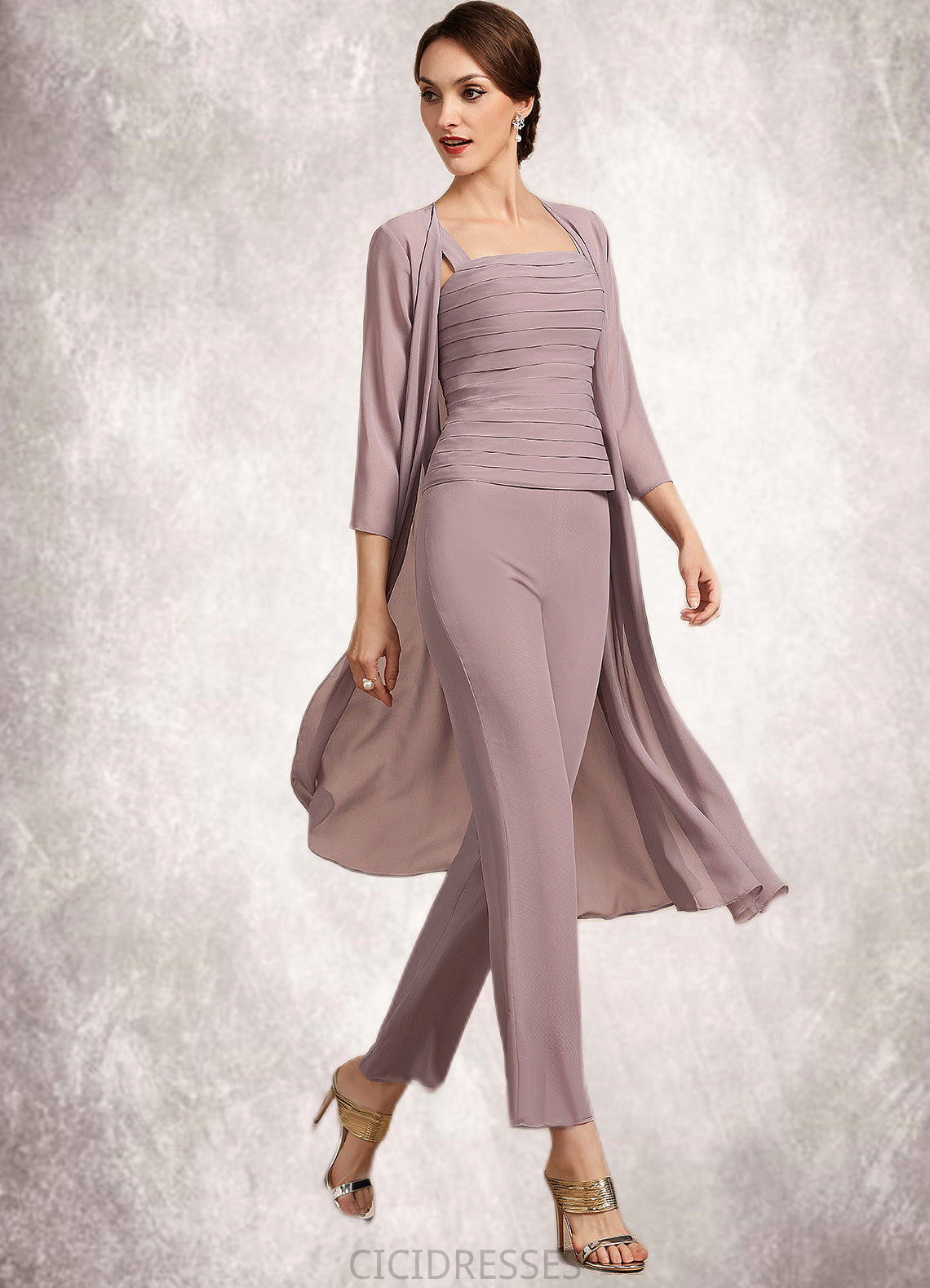 Danica Jumpsuit/Pantsuit Square Neckline Ankle-Length Chiffon Mother of the Bride Dress With Ruffle CIC8126P0014984