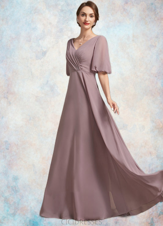 Kenya A-Line V-neck Floor-Length Chiffon Mother of the Bride Dress With Ruffle CIC8126P0014992