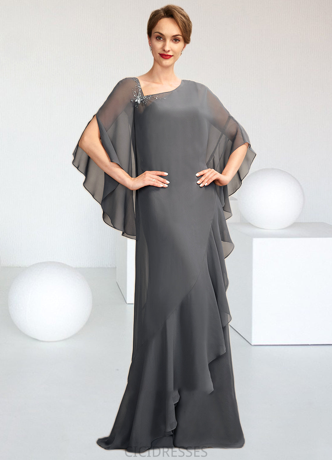 Lucy Sheath/Column One-Shoulder Floor-Length Chiffon Mother of the Bride Dress CIC8126P0014995