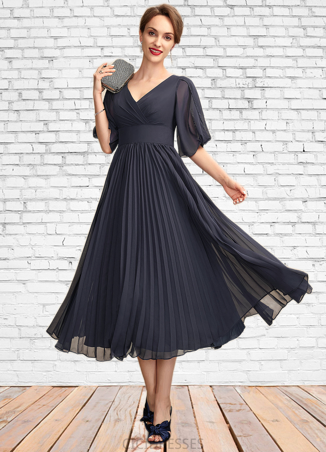 Lindsay A-Line V-neck Tea-Length Chiffon Mother of the Bride Dress With Pleated CIC8126P0015012