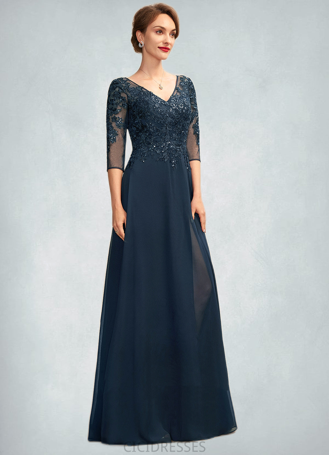 Katelyn A-Line V-neck Floor-Length Chiffon Lace Mother of the Bride Dress With Sequins Split Front CIC8126P0015014