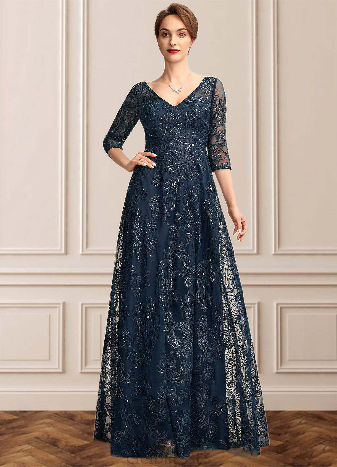 Yamilet A-Line V-neck Floor-Length Lace Mother of the Bride Dress With Sequins CIC8126P0015015
