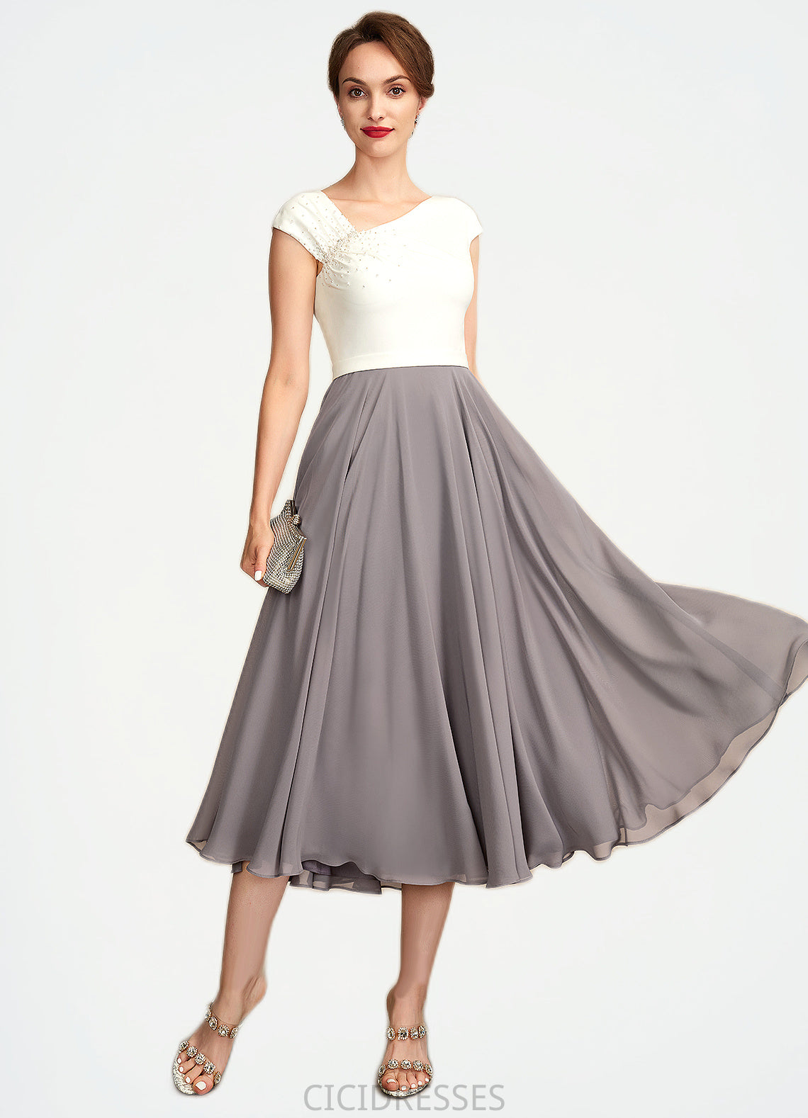 Karlie A-Line V-neck Tea-Length Chiffon Mother of the Bride Dress With Ruffle Beading Sequins CIC8126P0015016
