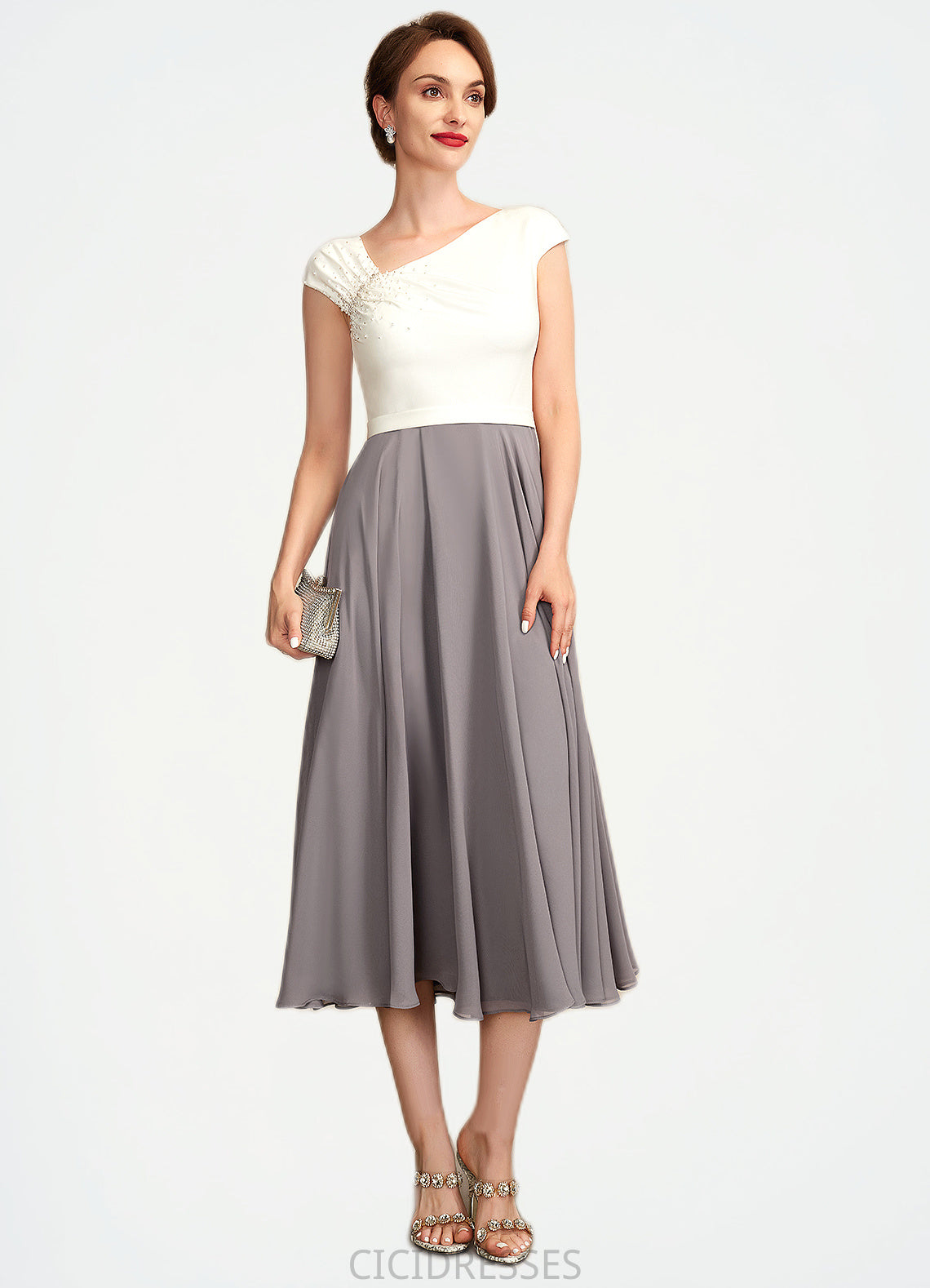 Karlie A-Line V-neck Tea-Length Chiffon Mother of the Bride Dress With Ruffle Beading Sequins CIC8126P0015016