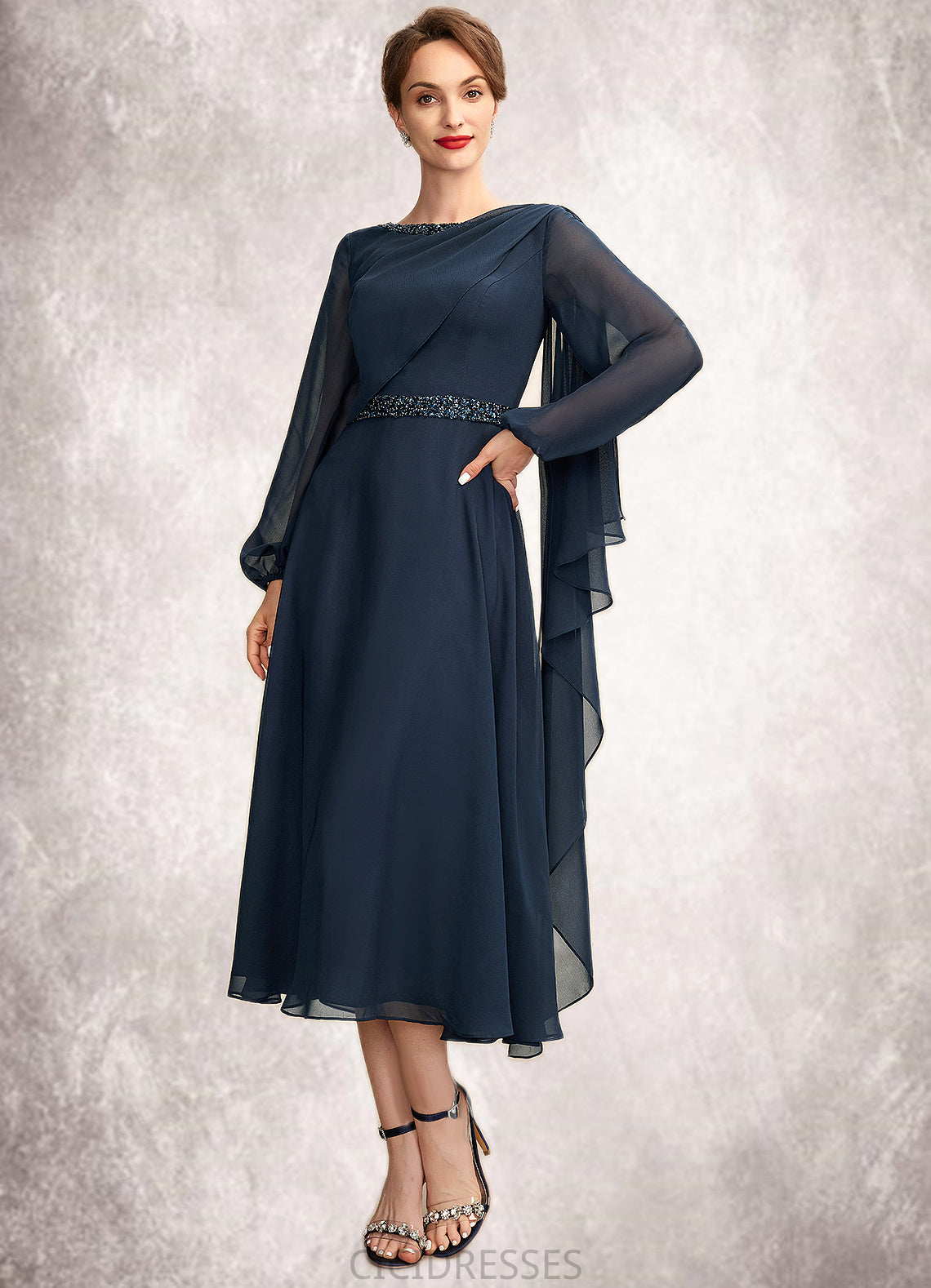 Addisyn A-Line Scoop Neck Tea-Length Chiffon Mother of the Bride Dress With Beading Sequins CIC8126P0015018