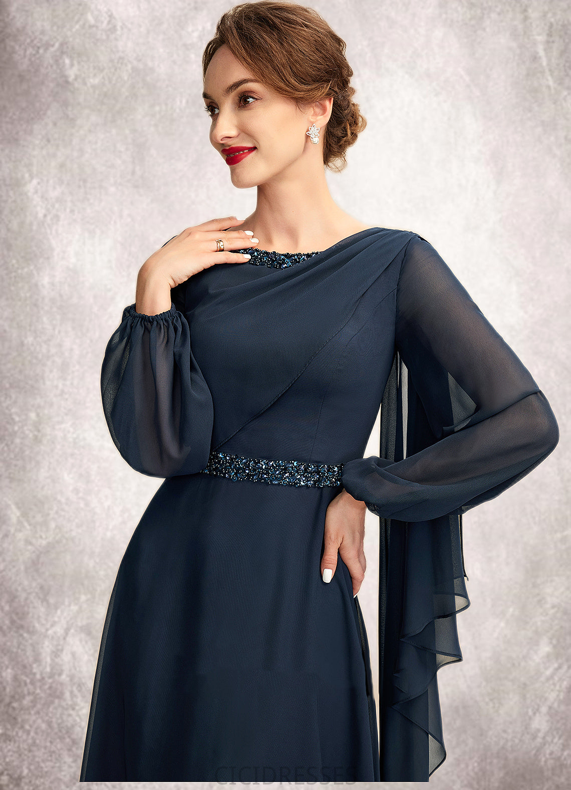 Addisyn A-Line Scoop Neck Tea-Length Chiffon Mother of the Bride Dress With Beading Sequins CIC8126P0015018
