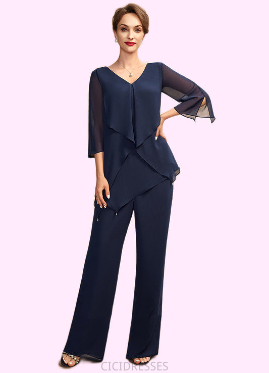 Karma Jumpsuit/Pantsuit V-neck Floor-Length Chiffon Mother of the Bride Dress With Cascading Ruffles CIC8126P0015019