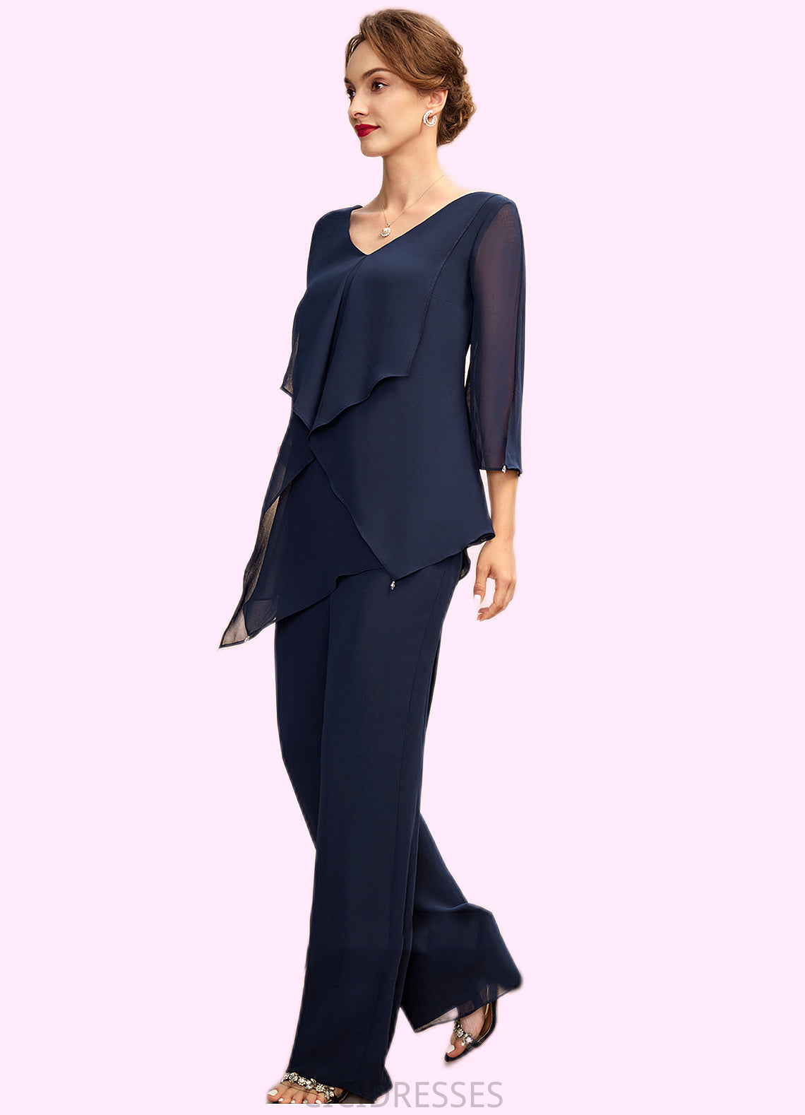 Karma Jumpsuit/Pantsuit V-neck Floor-Length Chiffon Mother of the Bride Dress With Cascading Ruffles CIC8126P0015019
