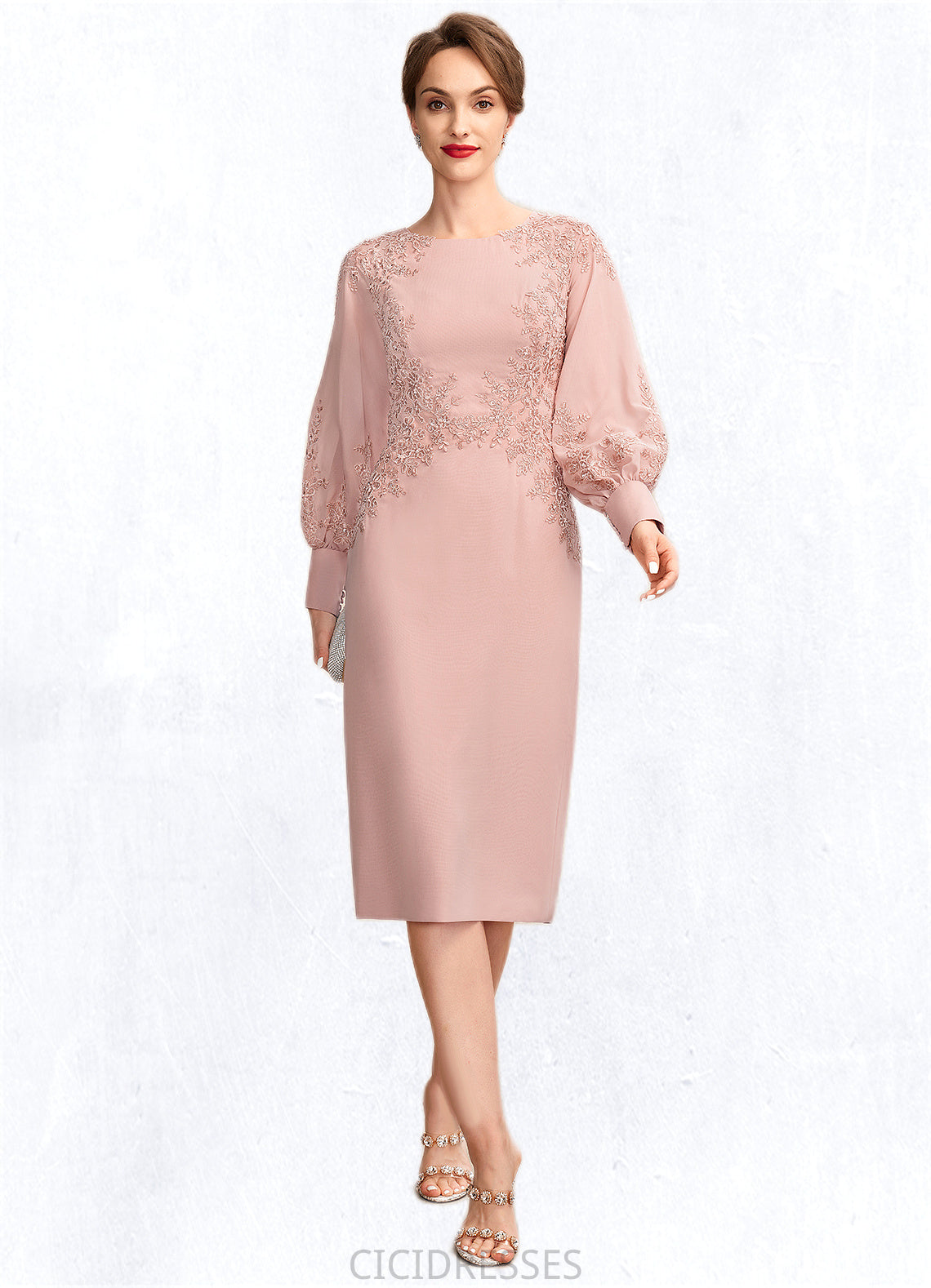 Michaela Sheath/Column Scoop Neck Knee-Length Chiffon Lace Mother of the Bride Dress With Beading Sequins CIC8126P0015020