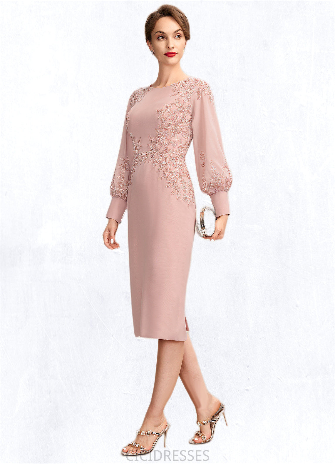 Michaela Sheath/Column Scoop Neck Knee-Length Chiffon Lace Mother of the Bride Dress With Beading Sequins CIC8126P0015020