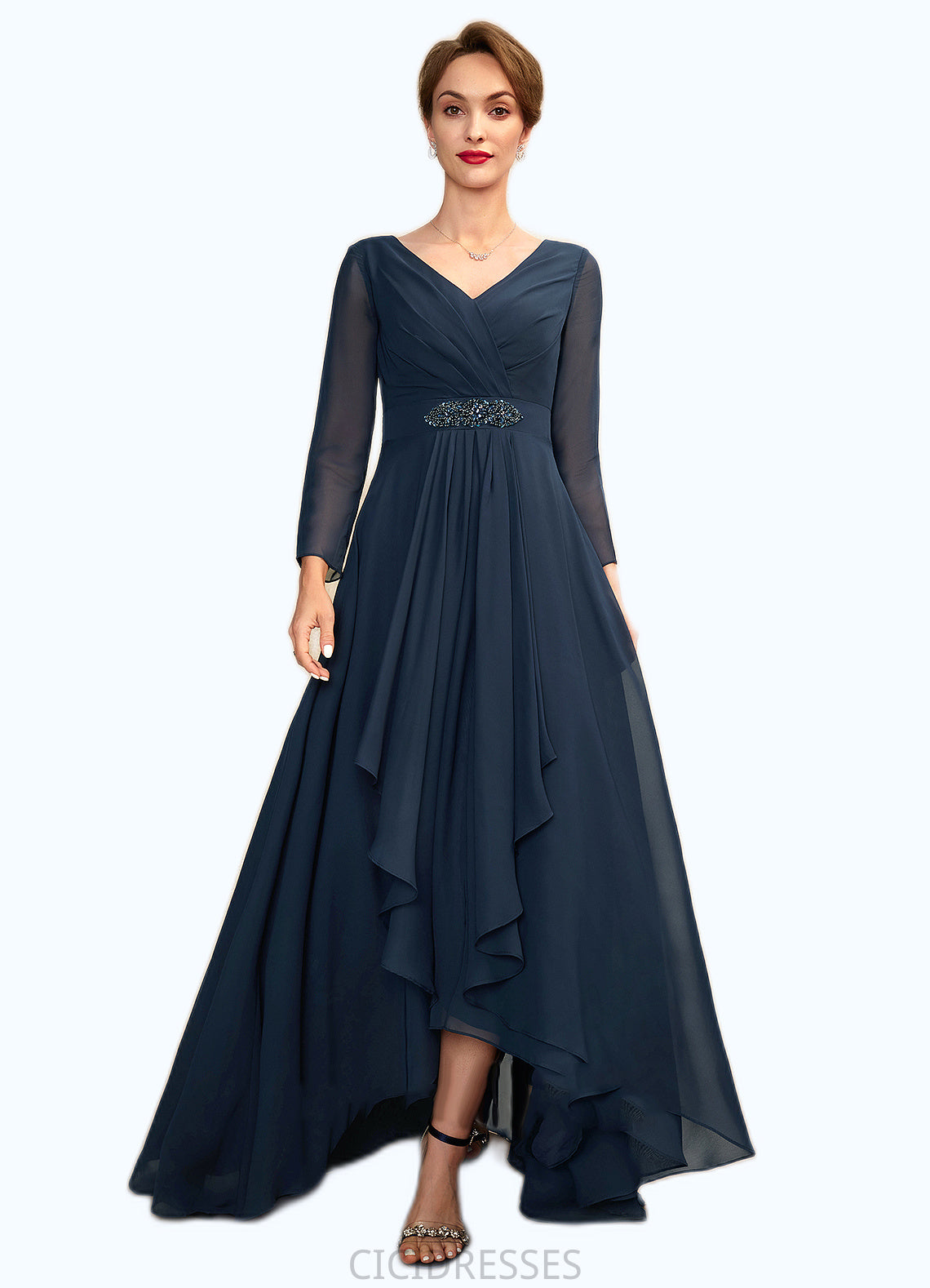 Dylan A-Line V-neck Asymmetrical Chiffon Mother of the Bride Dress With Ruffle Beading Bow(s) CIC8126P0015021