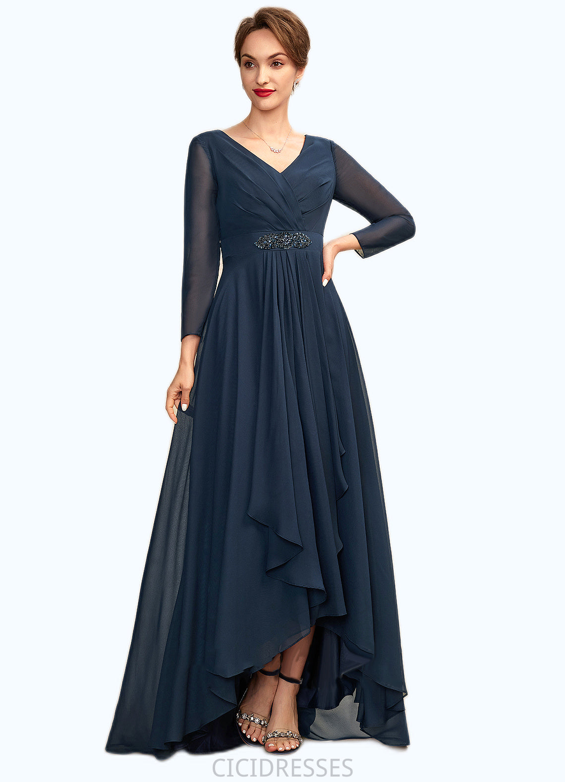 Dylan A-Line V-neck Asymmetrical Chiffon Mother of the Bride Dress With Ruffle Beading Bow(s) CIC8126P0015021