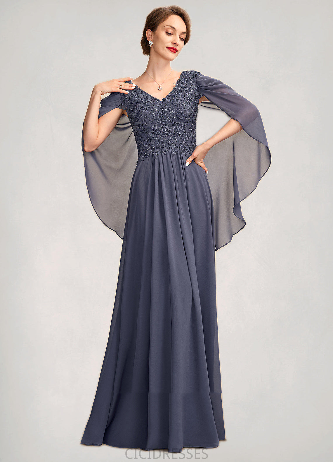 Salome A-Line V-neck Floor-Length Chiffon Lace Mother of the Bride Dress With Beading Sequins CIC8126P0015022