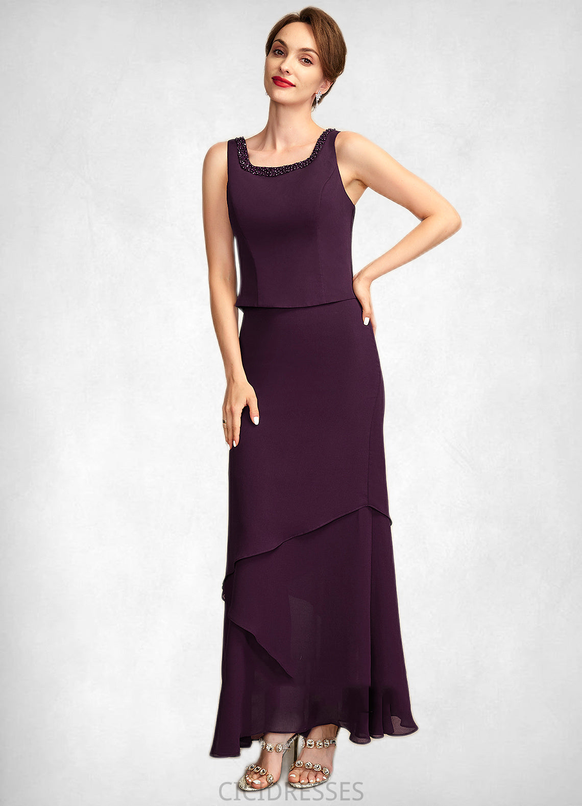Alana Sheath/Column Scoop Neck Ankle-Length Chiffon Mother of the Bride Dress With Beading Sequins CIC8126P0015024