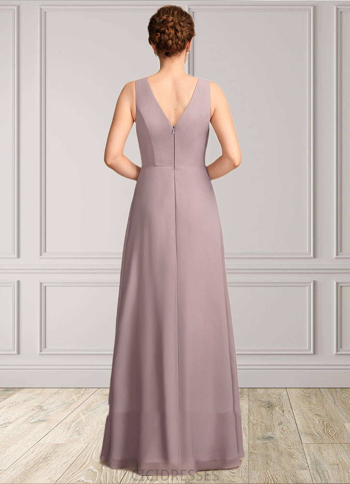 Ruby A-Line V-neck Floor-Length Chiffon Mother of the Bride Dress With Ruffle CIC8126P0015026