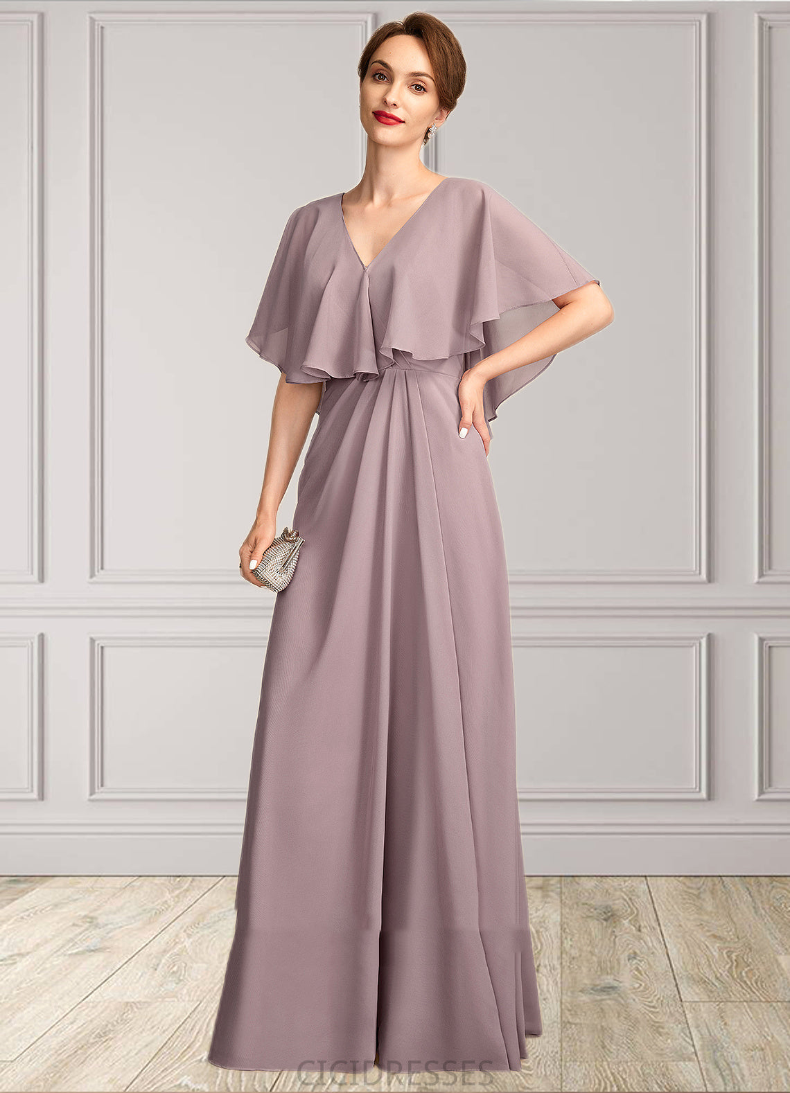 Ruby A-Line V-neck Floor-Length Chiffon Mother of the Bride Dress With Ruffle CIC8126P0015026