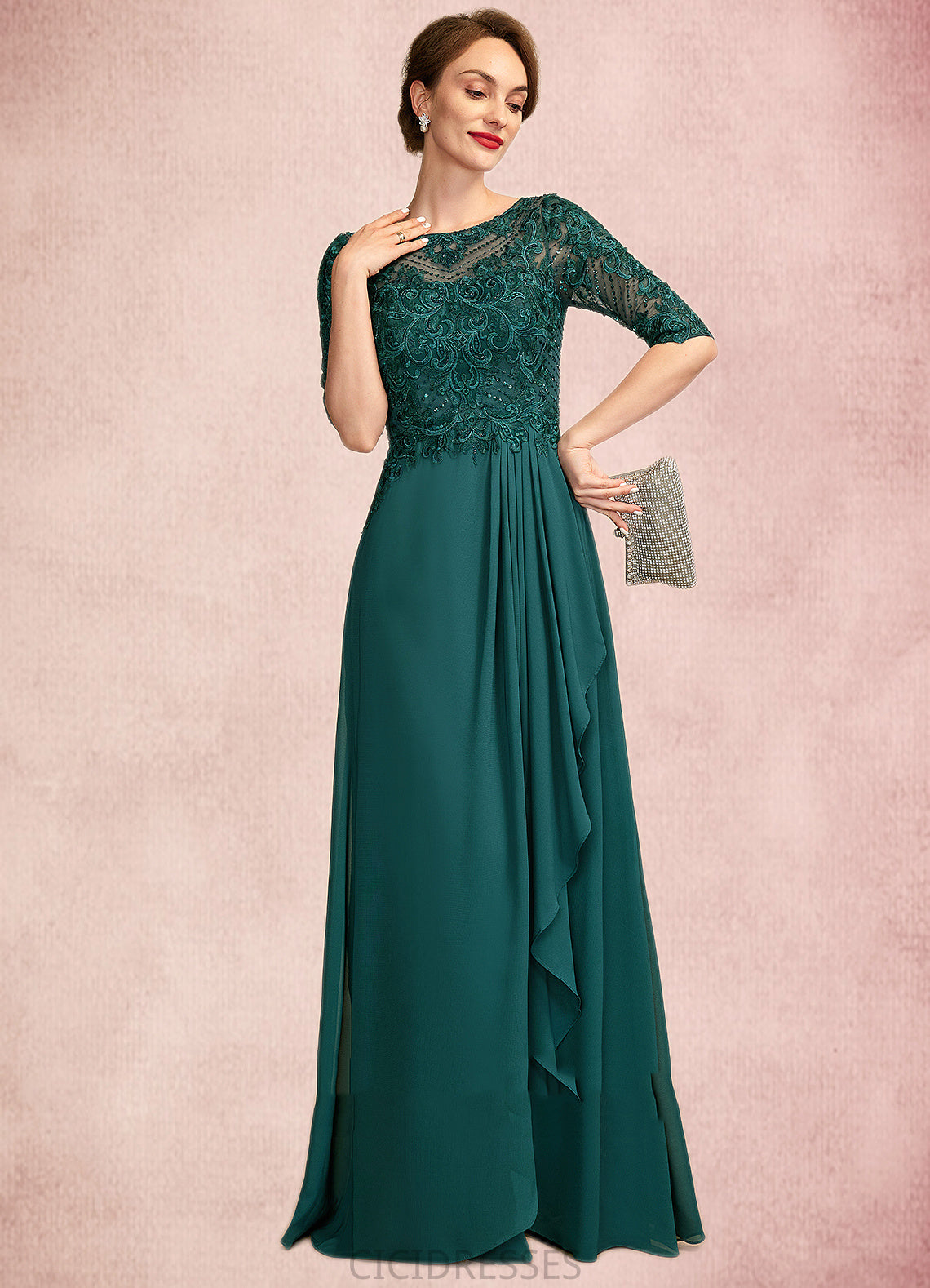 Hope A-Line Scoop Neck Floor-Length Chiffon Lace Mother of the Bride Dress With Beading Sequins Cascading Ruffles CIC8126P0015027