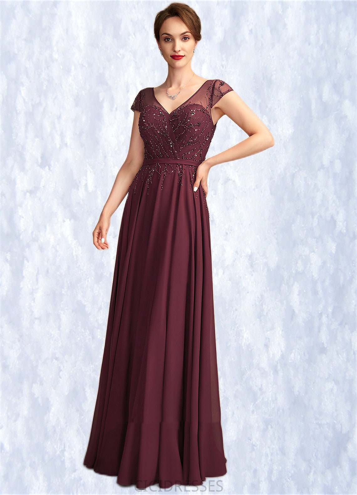 Karen A-Line V-neck Floor-Length Chiffon Mother of the Bride Dress With Beading Sequins CIC8126P0015028