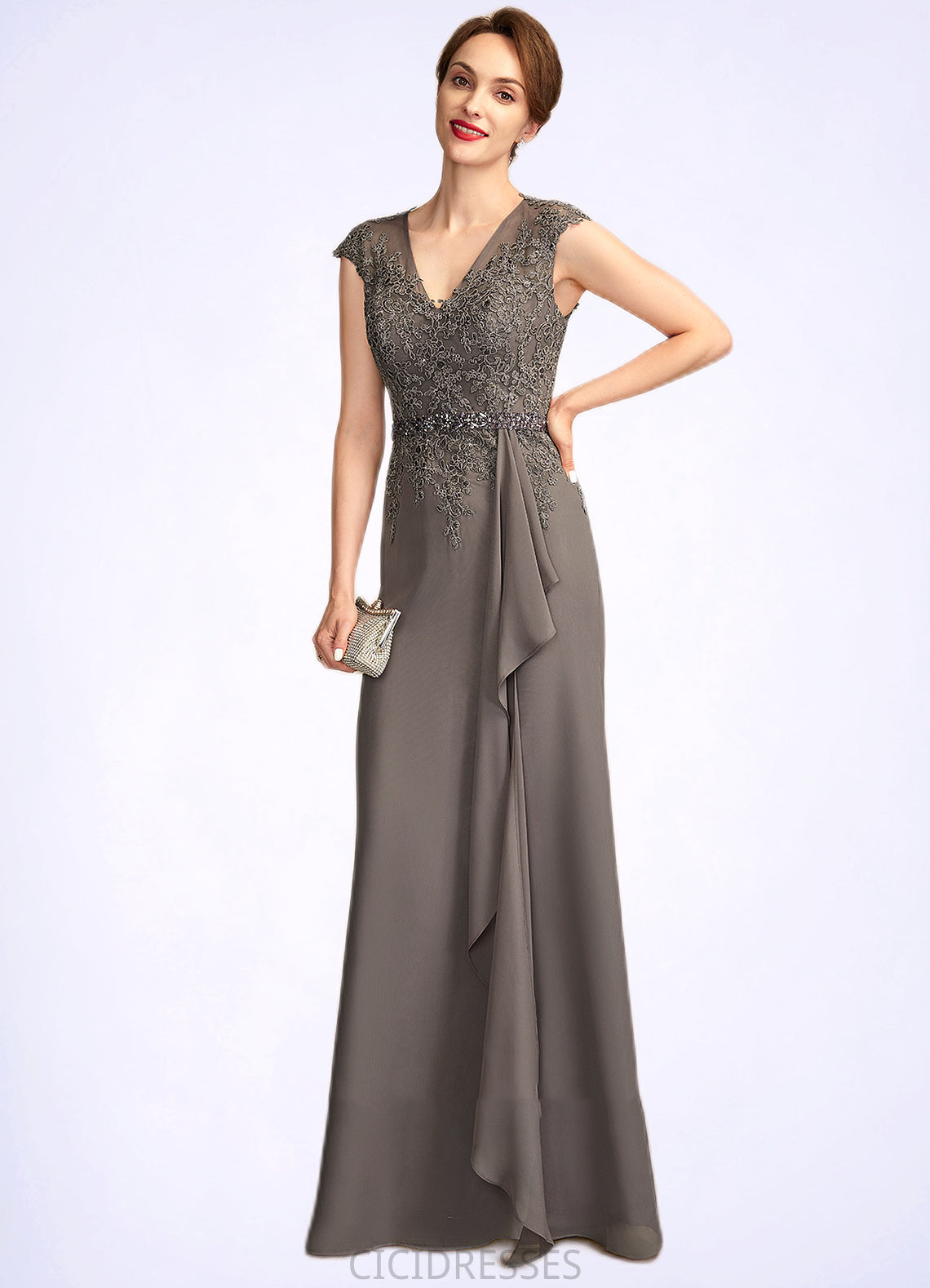 Jenny A-Line V-neck Floor-Length Chiffon Lace Mother of the Bride Dress With Beading Sequins Cascading Ruffles CIC8126P0015030