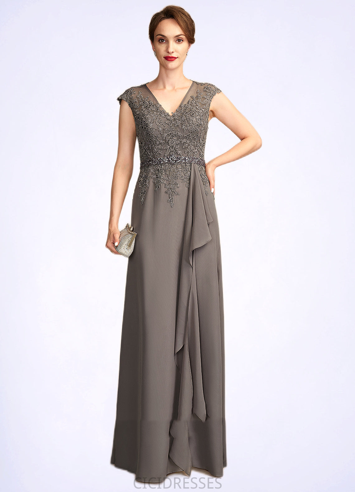Jenny A-Line V-neck Floor-Length Chiffon Lace Mother of the Bride Dress With Beading Sequins Cascading Ruffles CIC8126P0015030