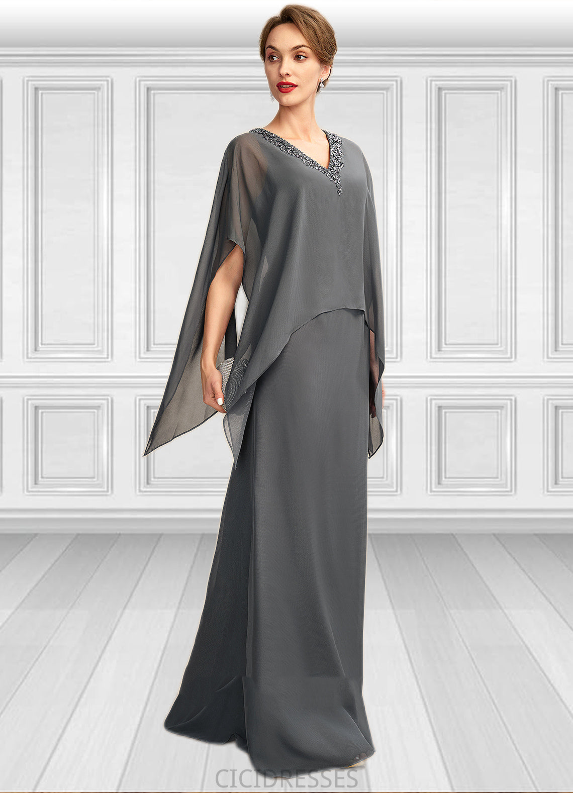 Valentina A-line V-Neck Floor-Length Chiffon Mother of the Bride Dress With Beading Sequins CIC8126P0015031