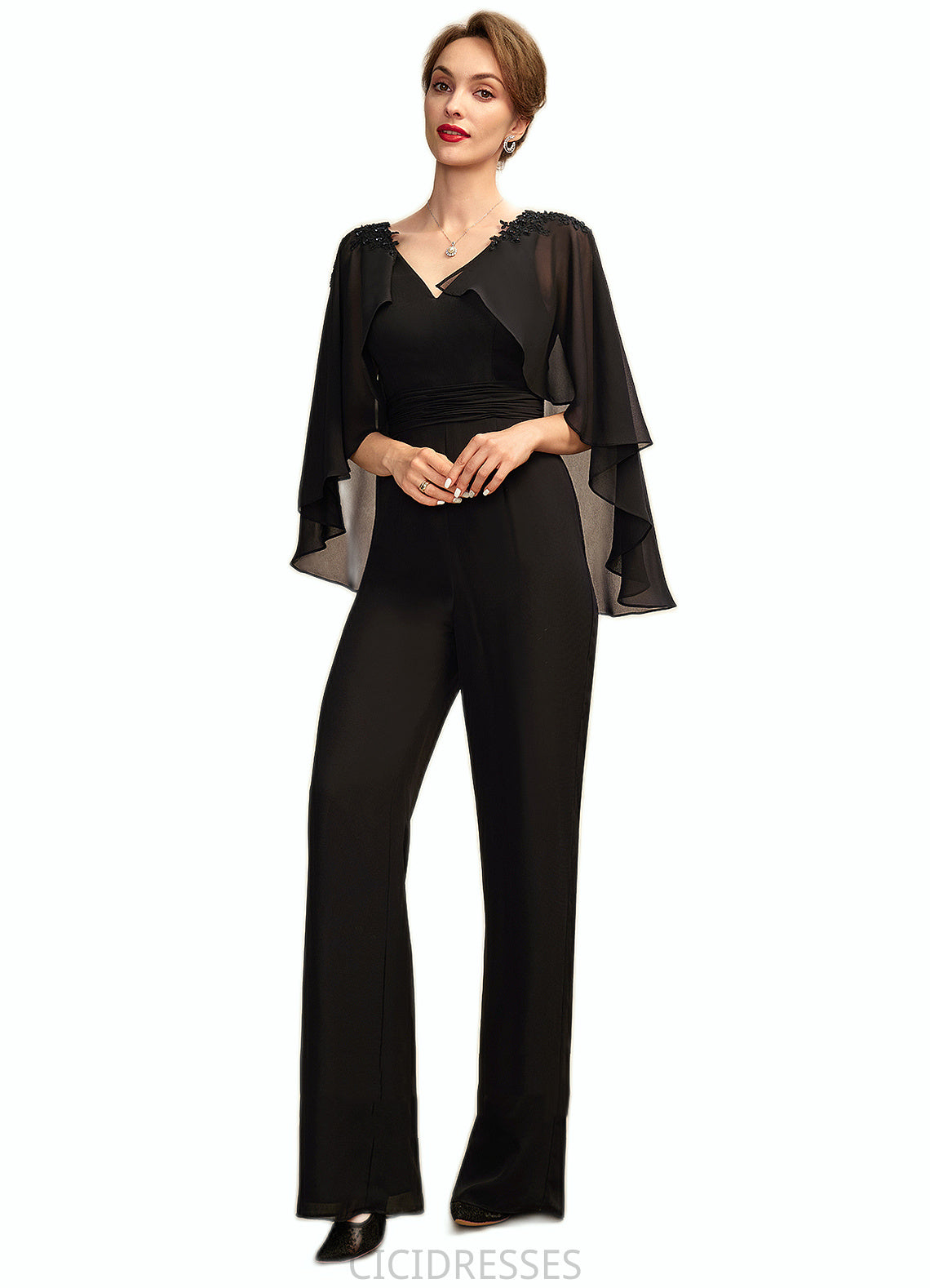 Braelyn Jumpsuit/Pantsuit V-neck Floor-Length Chiffon Mother of the Bride Dress With Ruffle Beading Appliques Lace Sequins CIC8126P0015033