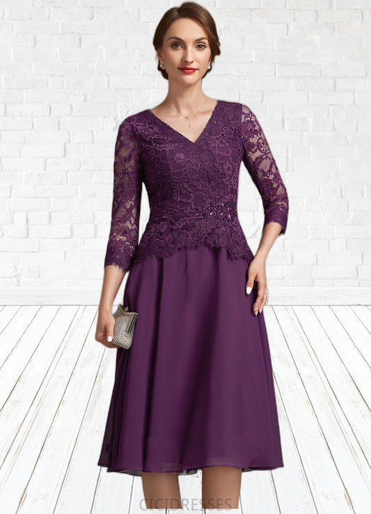 Willow A-Line V-neck Knee-Length Chiffon Lace Mother of the Bride Dress With Beading Sequins CIC8126P0015035