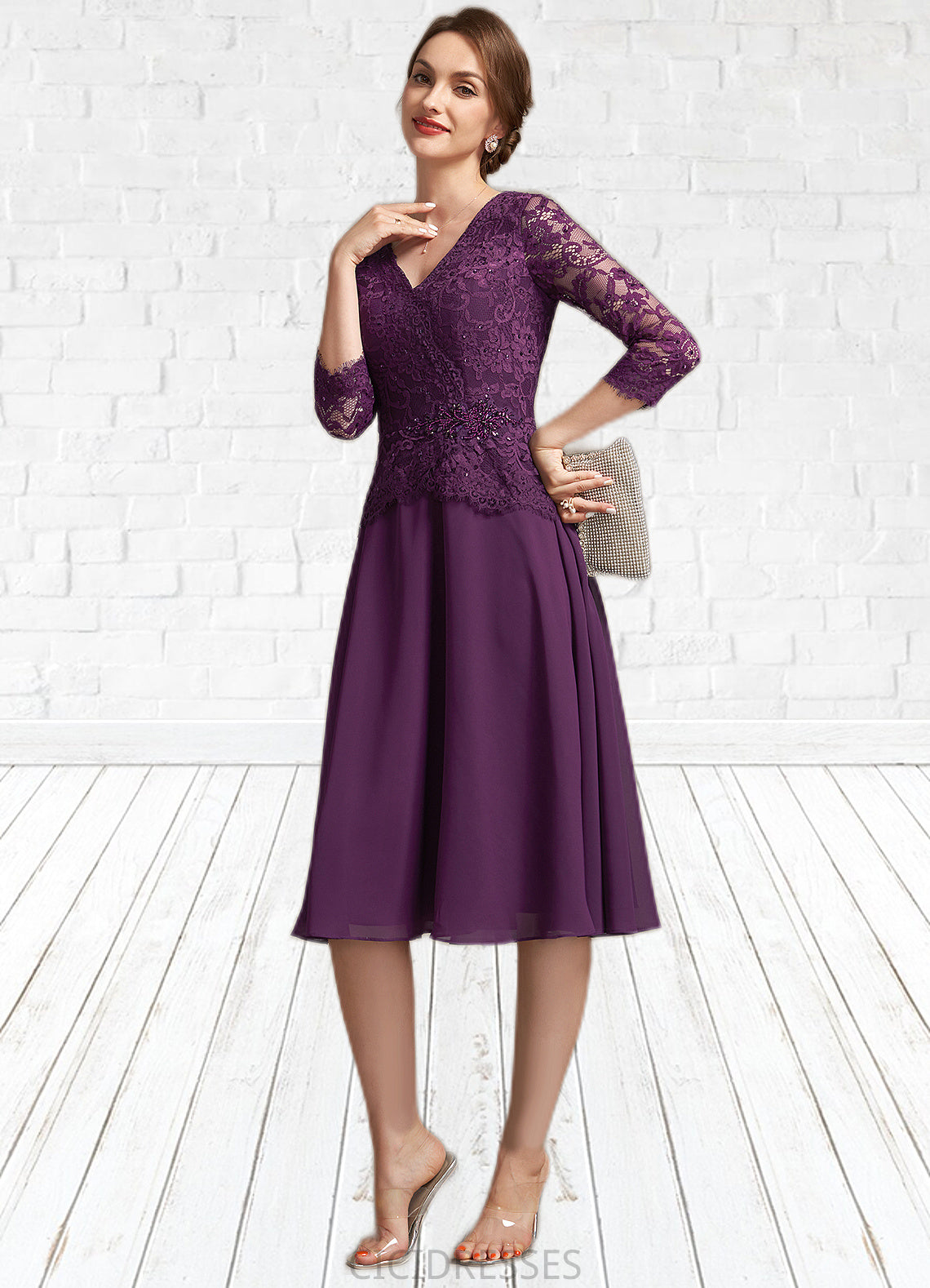 Willow A-Line V-neck Knee-Length Chiffon Lace Mother of the Bride Dress With Beading Sequins CIC8126P0015035