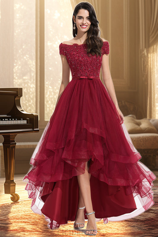 Eleanor A-line Off the Shoulder Asymmetrical Lace Tulle Homecoming Dress With Beading Bow Sequins CIC8P0020535