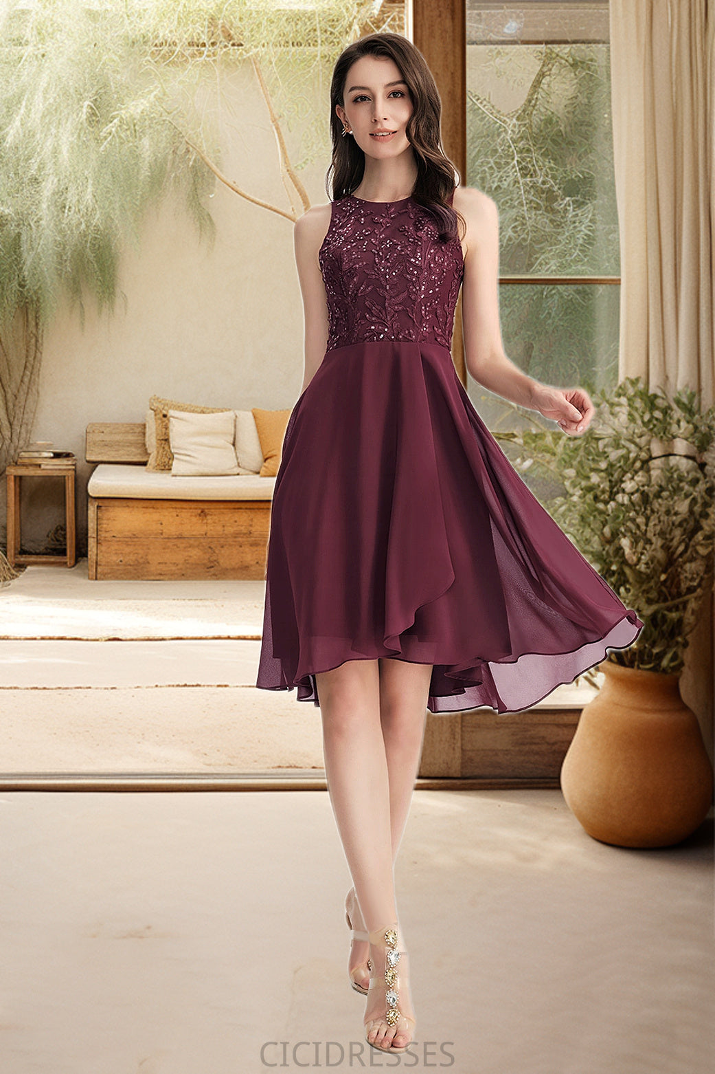 Madeline A-line Scoop Asymmetrical Chiffon Lace Homecoming Dress With Sequins CIC8P0020516