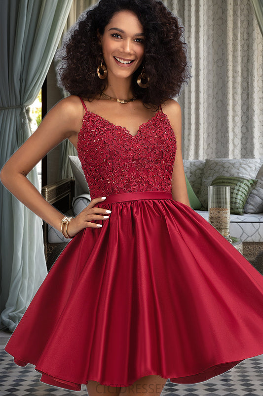 Willow A-line V-Neck Short/Mini Lace Satin Homecoming Dress With Beading CIC8P0020554