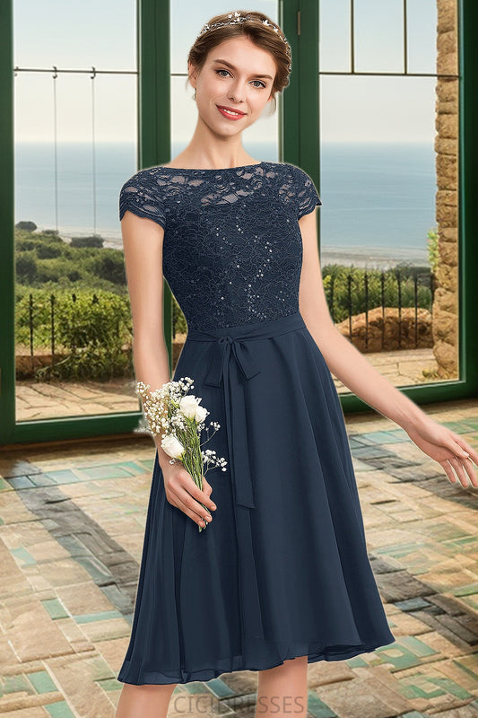 Hazel A-line Scoop Knee-Length Chiffon Lace Homecoming Dress With Bow CIC8P0020581