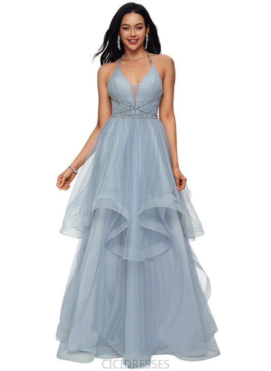 Caylee Ball-Gown/Princess Halter V-Neck Floor-Length Tulle Prom Dresses With Beading Rhinestone Sequins CIC8P0022199