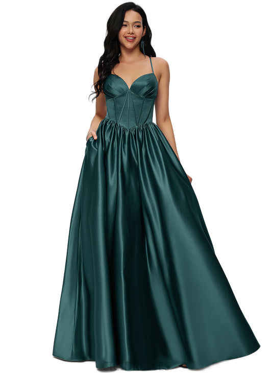 Elaina Ball-Gown/Princess V-Neck Floor-Length Satin Prom Dresses With Pleated CIC8P0022230