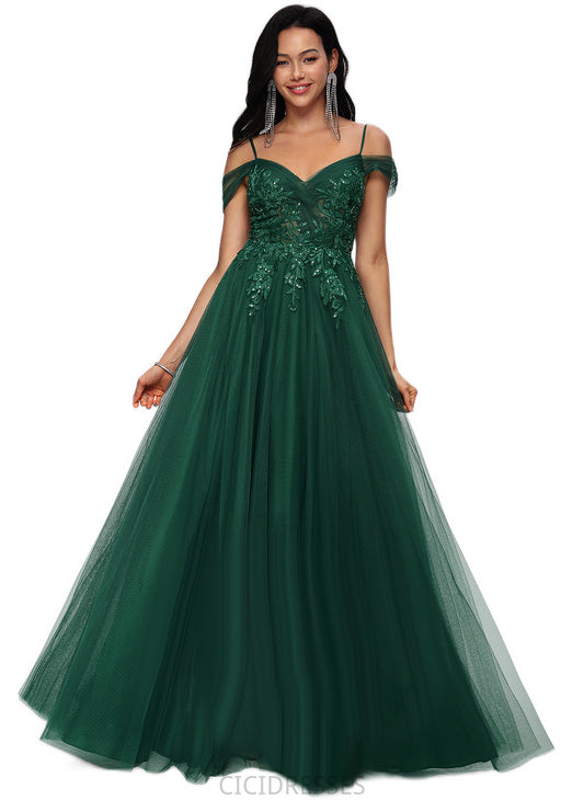 Lindsay A-line Off the Shoulder Floor-Length Tulle Prom Dresses With Appliques Lace Sequins CIC8P0022231