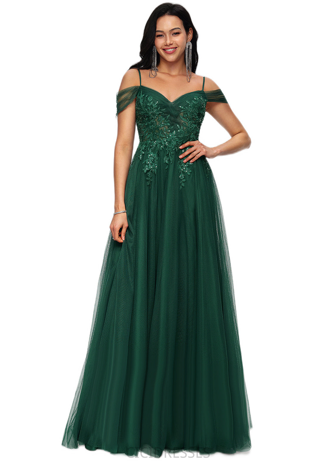 Lindsay A-line Off the Shoulder Floor-Length Tulle Prom Dresses With Appliques Lace Sequins CIC8P0022231