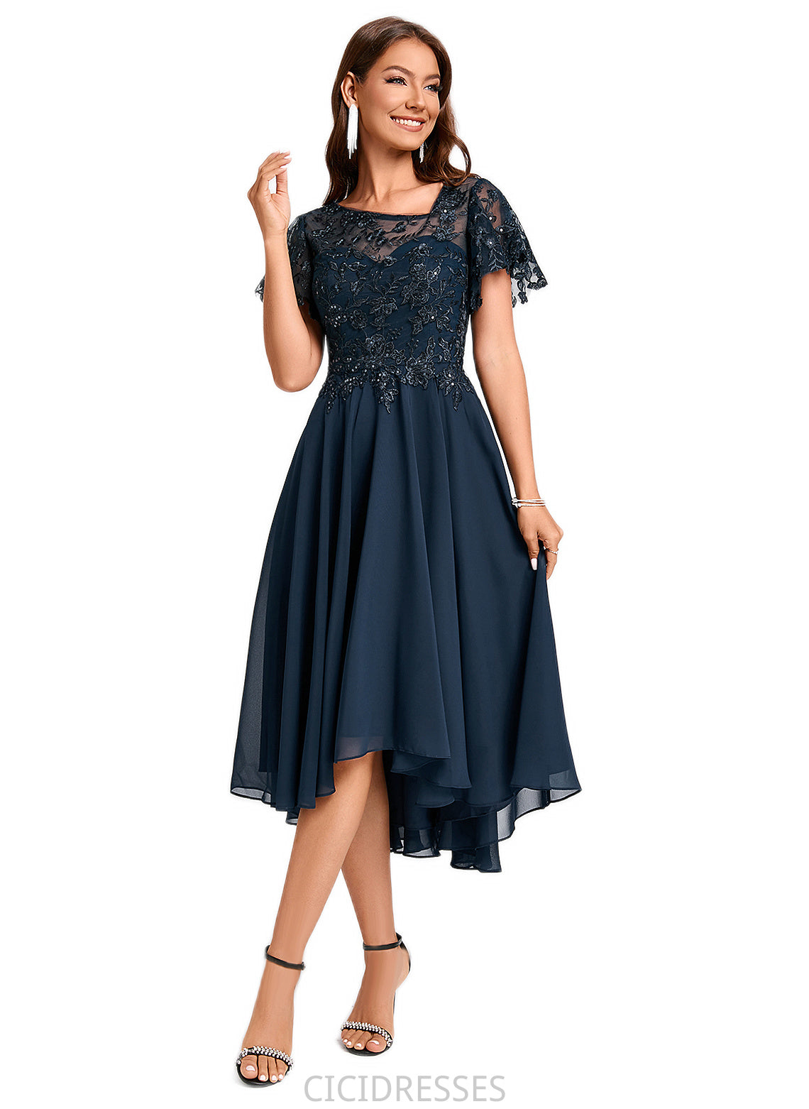 Thirza A-line Asymmetrical Asymmetrical Chiffon Lace Cocktail Dress With Ruffle Sequins CIC8P0022235