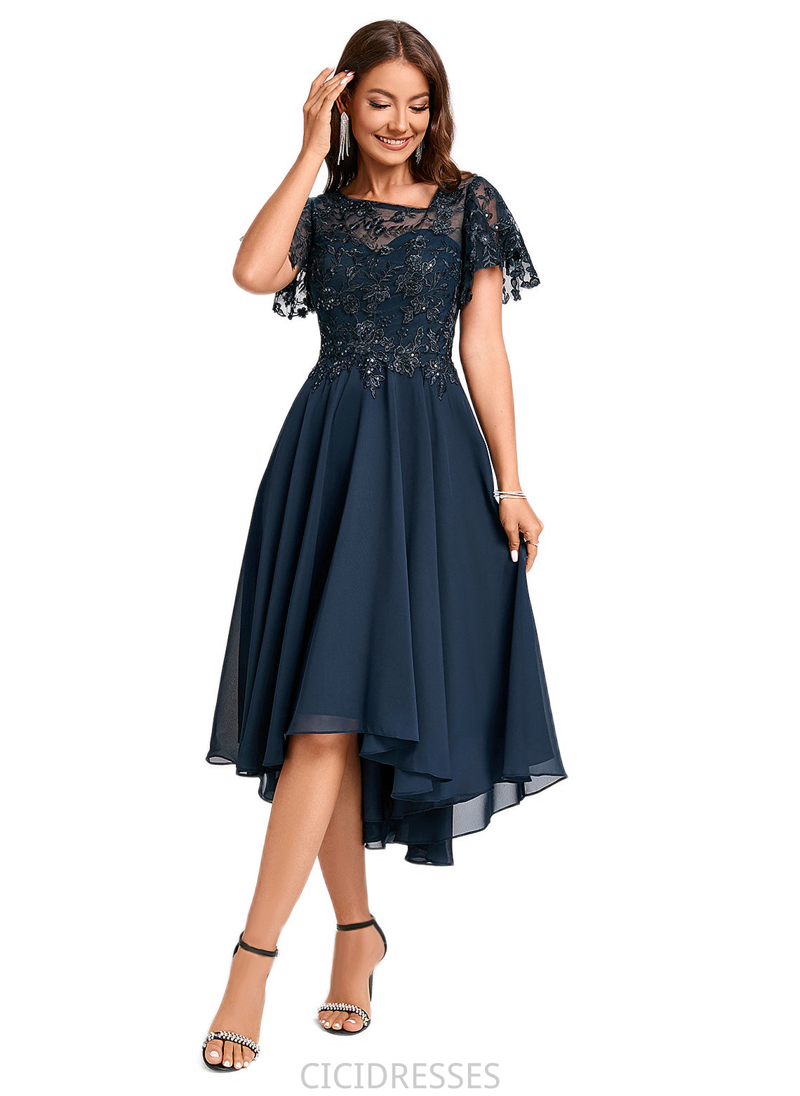 Thirza A-line Asymmetrical Asymmetrical Chiffon Lace Cocktail Dress With Ruffle Sequins CIC8P0022235