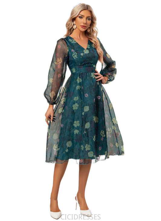Theresa Floral Print V-Neck Elegant A-line Organza Midi Dresses CIC8P0022297